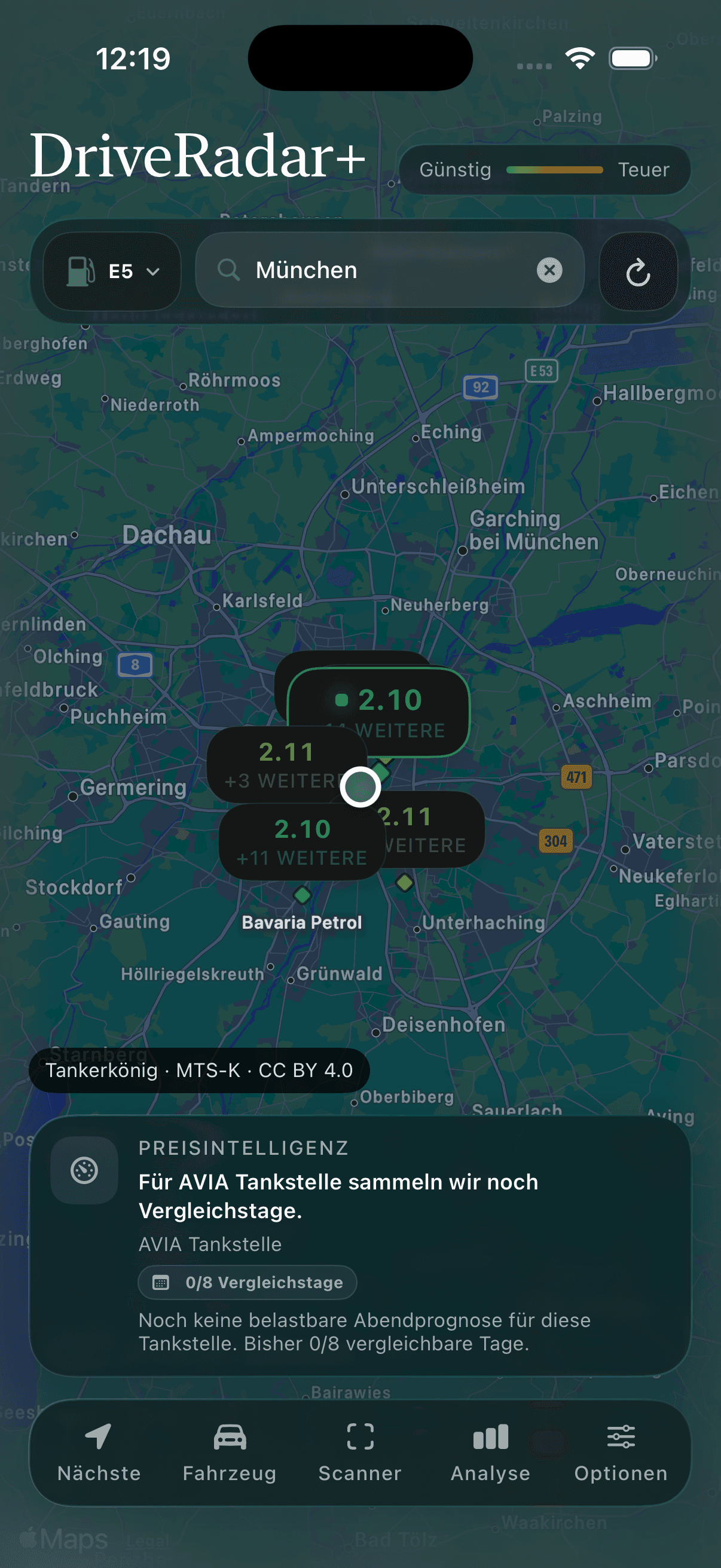 Echte DriveRadar+ App-Ansicht mit einer Suche nach München und Tankstellen auf der Karte